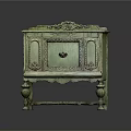 Vintage Entryway Console Cabinet In Light Green With Carved Details And Red Handle