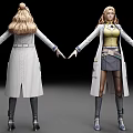 Woman 3D Character Front Back View Long Blonde Hair White Coat Yellow Top Gray Skirt