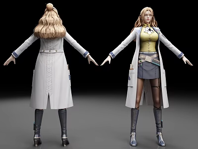 Woman 3D Character Front Back View Long Blonde Hair White Coat Yellow Top Gray Skirt 3d model