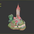 Low Poly Castle Model With Pink Tower Roof Green Trees Path And Fence