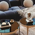 Modern Dark Gray Sofa and Coffee Table Set with Pillows Blanket Glass Top and Cactus