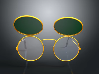 Stylish Golden Frame Round Lenses Glasses With Green Flip up Covers For Daily Use 3d model