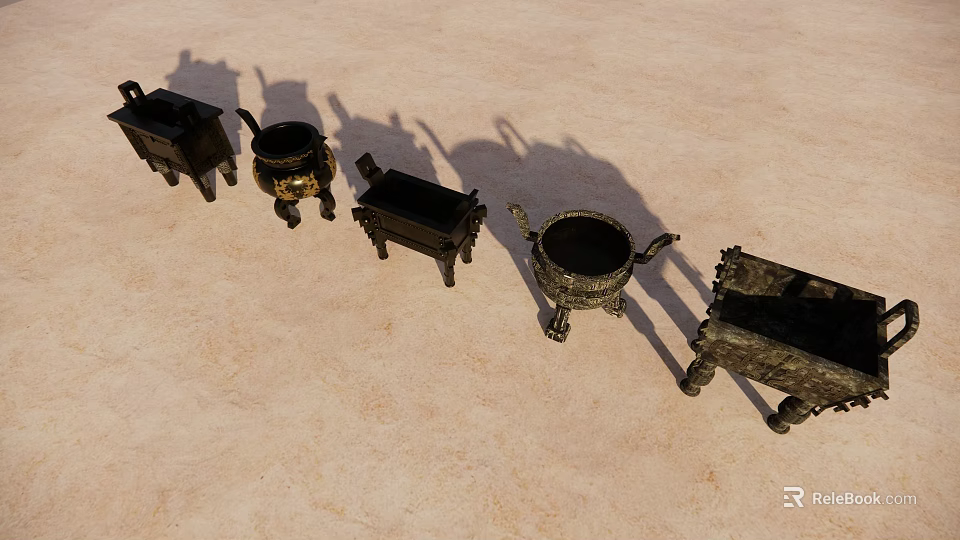 Traditional Ceramic Vessels With Carved Patterns Displayed On Light Colored Surface 3d model