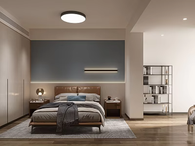 Modern Bedroom Interior With Gray Wall Wooden Floor Large Bed Bedside Tables And Table Lamps 3d model