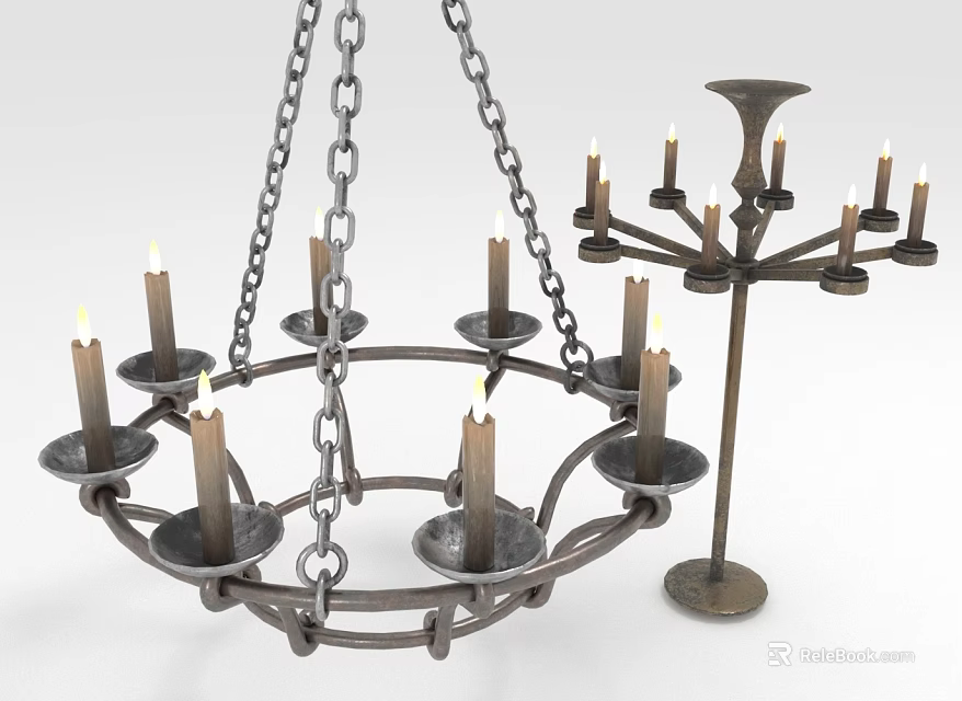 Lighting Combinations Of Vintage Metal Chandelier And Floor Lamp With Multiple Candle Holders 3d model 