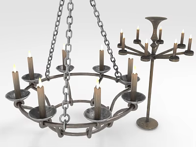 Lighting Combinations Of Vintage Metal Chandelier And Floor Lamp With Multiple Candle Holders 3d model