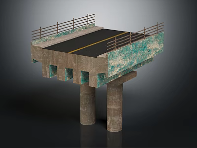 Concrete Bridge Structure With Road Surface Yellow Line Railings Mossy Texture And Piers 3d model