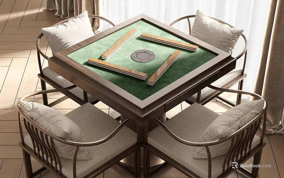 Wooden Frame Entertainment Table With Green Mahjong Surface And Surrounding Comfortable Chairs 3d model 