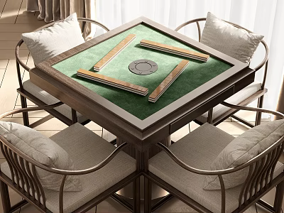 Wooden Frame Entertainment Table With Green Mahjong Surface And Surrounding Comfortable Chairs 3d model