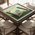 Wooden Frame Entertainment Table With Green Mahjong Surface And Surrounding Comfortable Chairs