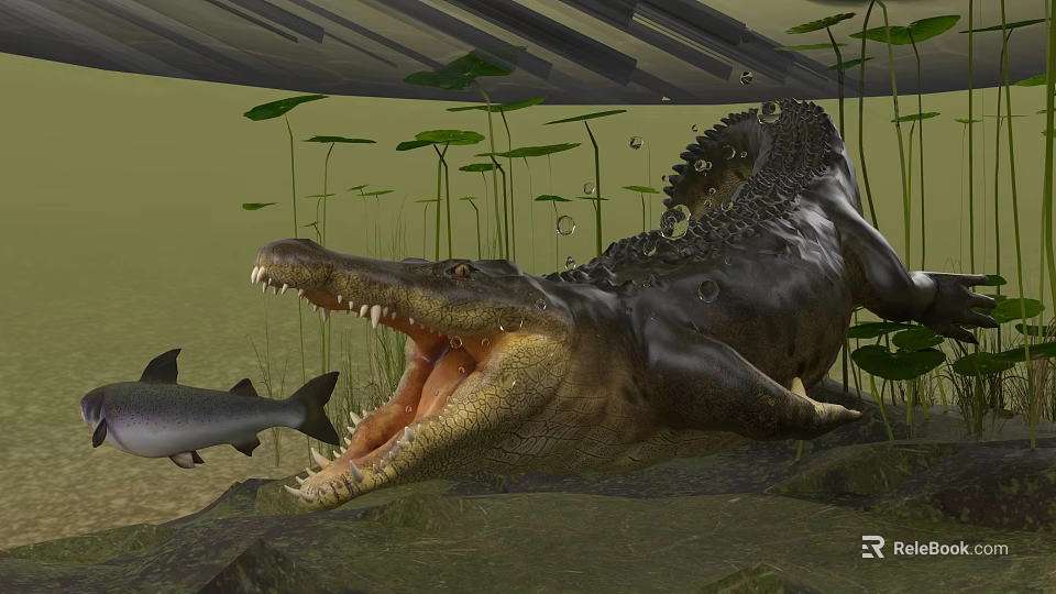 Underwater Scene With Aquatic Animals Crocodile And Fish Surrounded By Lily Pads And Aquatic Plants 3d model 