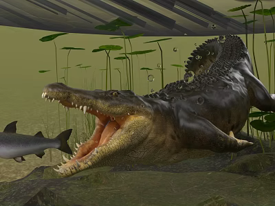 Underwater Scene With Aquatic Animals Crocodile And Fish Surrounded By Lily Pads And Aquatic Plants 3d model