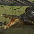 Underwater Scene With Aquatic Animals Crocodile And Fish Surrounded By Lily Pads And Aquatic Plants