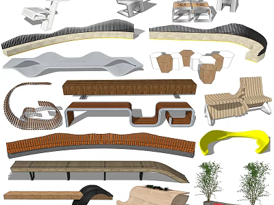 Various Stylish Outdoor Chairs With Curved Wooden And Metal Structures For Garden 3d model