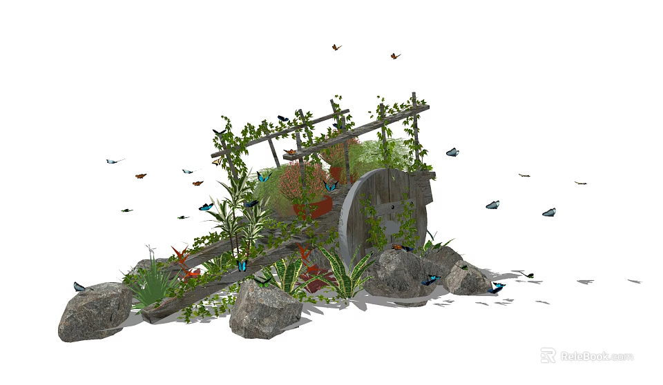 Charming Garden Ornament With Green Plants Rocks And Fluttering Butterflies 3d model 