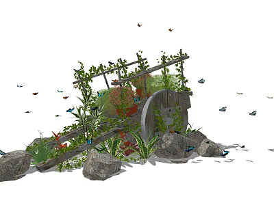 Charming Garden Ornament With Green Plants Rocks And Fluttering Butterflies 3d model