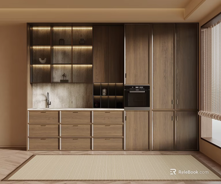 Modern Wooden Wine Cabinet Design In Kitchen With Glass Shelves And Lighting 3d model 
