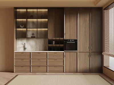 Modern Wooden Wine Cabinet Design In Kitchen With Glass Shelves And Lighting 3d model