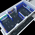 Modern Company Lobby Interior With Circular Ceiling Light Blue Background Wall And White Pillars