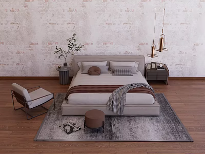 Modern Double Bed Combination Nightstand Chandelier Bed End Stool Leisure Chair 3d model