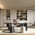 Modern Study Desk Bookcase Bookshelf Stool 3d model