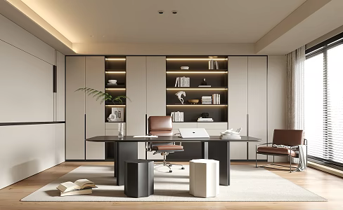 Modern Study Desk Bookcase Bookshelf Stool 3d model