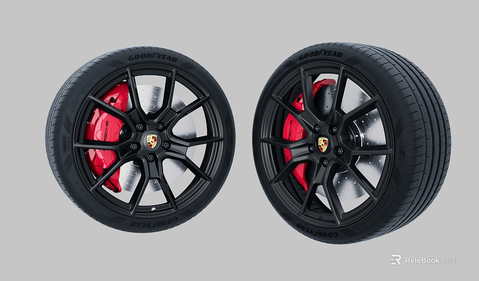Pair of Black Porsche Wheels Featuring Red Brake Calipers And Pirelli Tires Set 3d model 