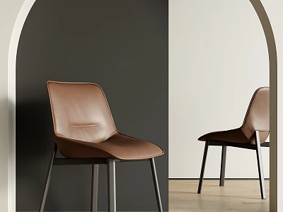 Brown Leather Dining Chairs with Black Metal Legs in Modern Minimalist Interior 3d model