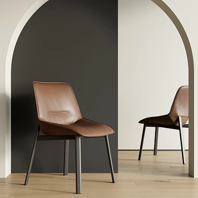 Brown Leather Dining Chairs with Black Metal Legs in Modern Minimalist Interior 3d model