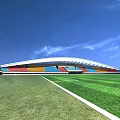 Modern Football Stadium With Curved Roof Green Pitch And Colorful Seats Under Blue Sky