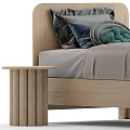 Single Bed with Wooden Frame Gray Sheets Blue Blanket Green Dark Pillows and Bedside Table