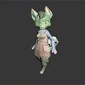 Cute 3D Cartoon Green Animal Sculpture with Pink Ears Red Eyes and Pink Overalls