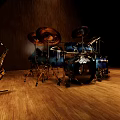 Spotlight Highlighting Musical Instruments And Art Supplies With Drum Set Saxophone And Case