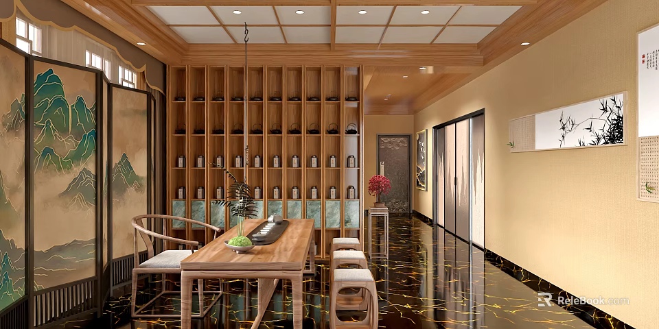 Traditional Chinese Style Tea Room With Wooden Table Chairs Shelves Tea Sets And Decorative Painting 3d model 