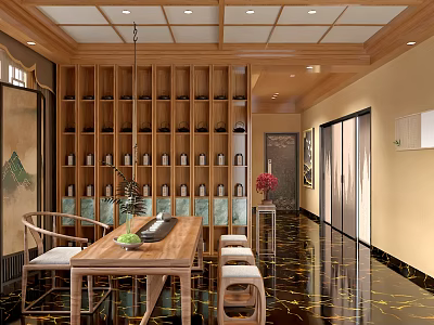 Traditional Chinese Style Tea Room With Wooden Table Chairs Shelves Tea Sets And Decorative Painting 3d model