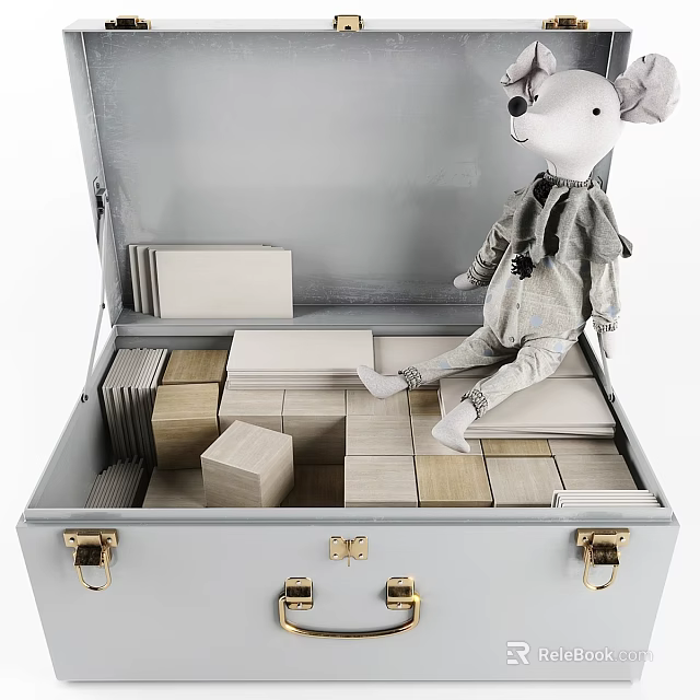 Cute Mouse Doll Sitting On Wooden Blocks In Open Gray Suitcase With Metal Locks 3d model 