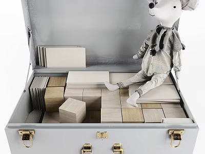 Cute Mouse Doll Sitting On Wooden Blocks In Open Gray Suitcase With Metal Locks 3d model