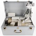 Cute Mouse Doll Sitting On Wooden Blocks In Open Gray Suitcase With Metal Locks