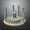 Ancient Architectural Structure with Tall Carved Columns Circular Platform and Illuminated Blue Accents
