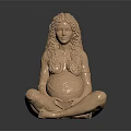 Copper Pregnant Woman Sculpture In Cross Legged Pose With Long Curly Hair And Textured Belly