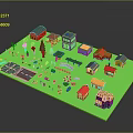 Small Town Model Scene Components With Colored Houses Trees Roads And Bridges
