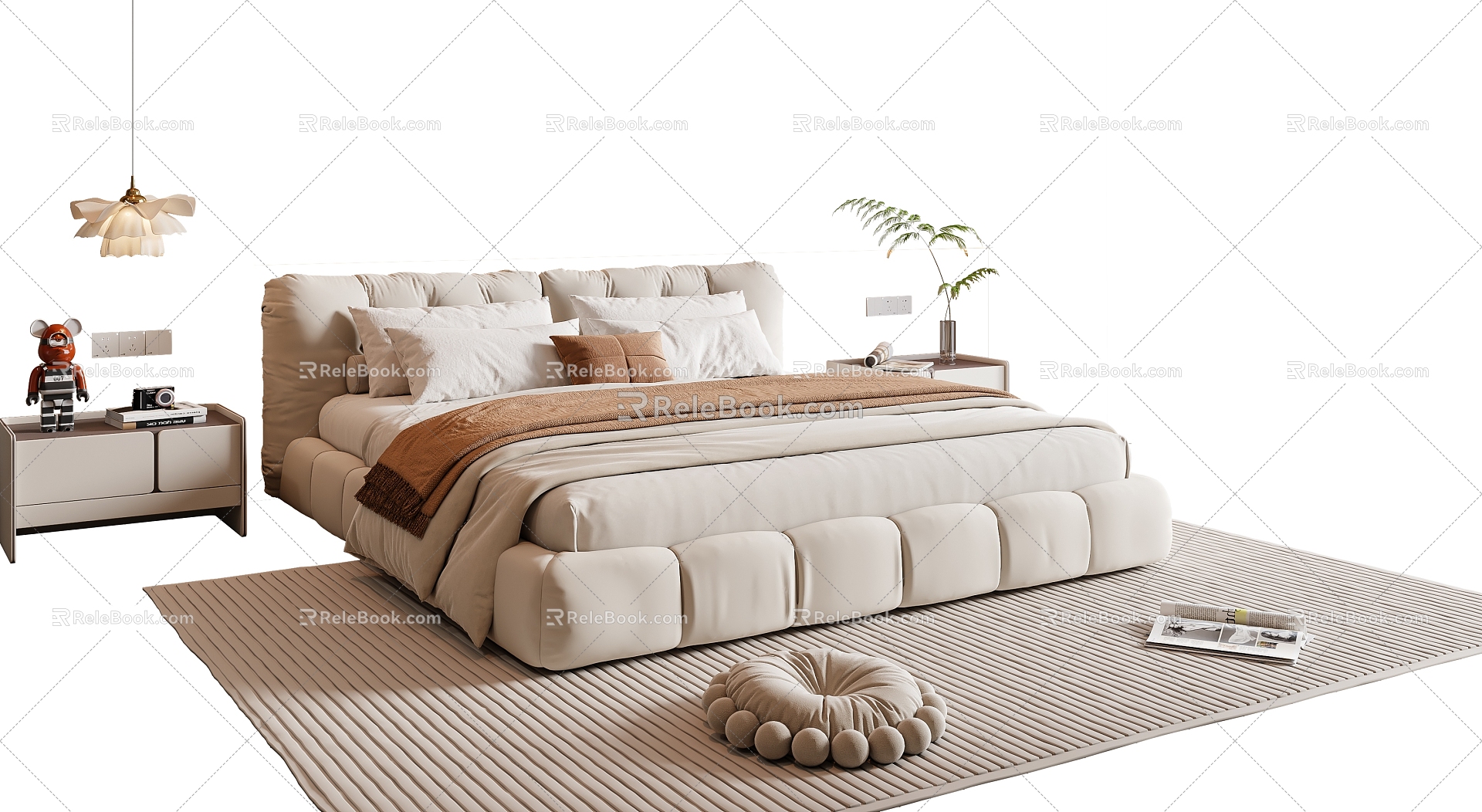 Modern Cream Style Double Bed Fabric Double Bed Bedside Cabinet Chandelier Carpet 3d model