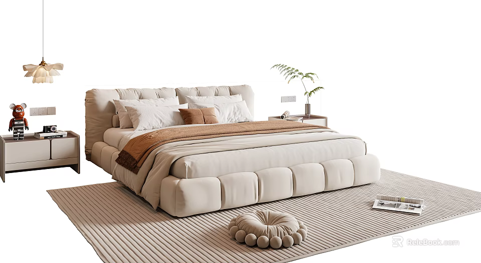 Cozy Beige Double Bed With Cushions Pillows Brown Throw Blanket Nightstand Plant And Striped Rug 3d model 
