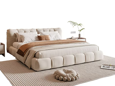 Cozy Beige Double Bed With Cushions Pillows Brown Throw Blanket Nightstand Plant And Striped Rug 3d model