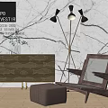 Modern Accent Chair with Ottoman Floor Lamp and Wooden Cabinet in Marble Wall Interior