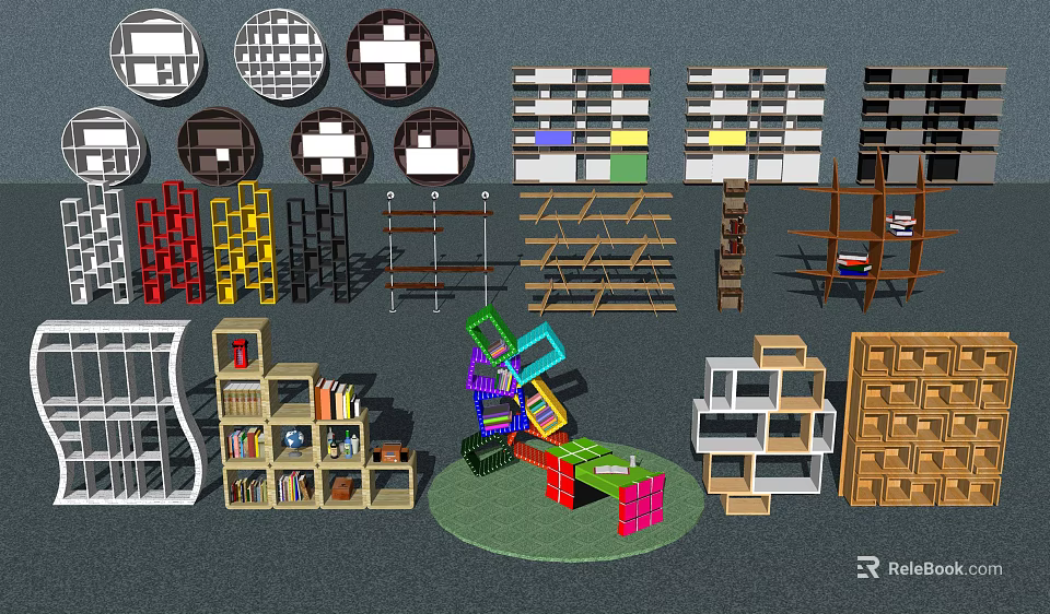 Various Modern Bookcases With Diverse Designs Colors And Multiple Shelves 3d model