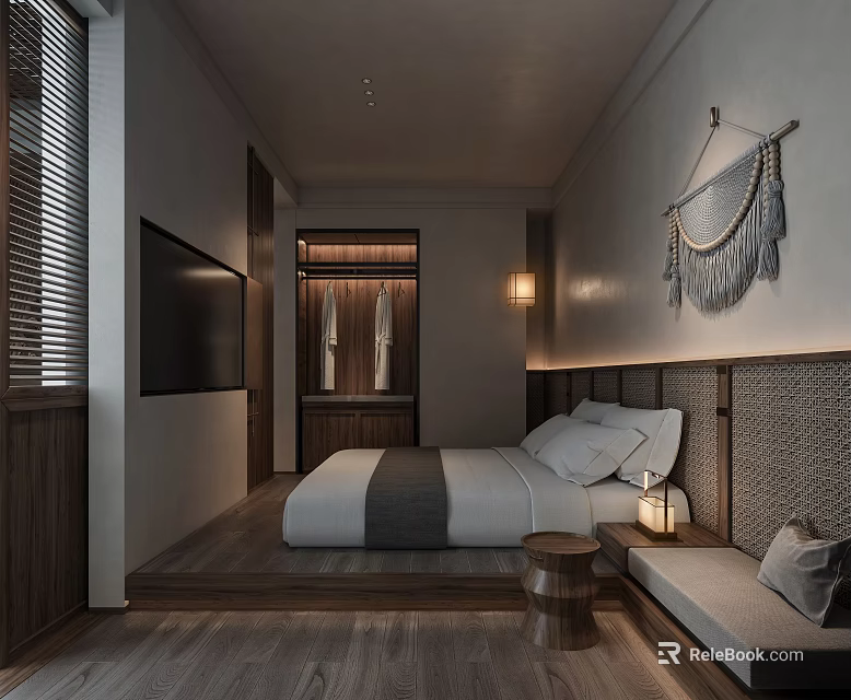 Modern Hotel Room Interior With Comfortable Bed Woven Headboard And Warm Ambient Lighting 3d model 