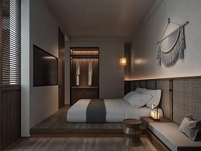 Modern Hotel Room Interior With Comfortable Bed Woven Headboard And Warm Ambient Lighting 3d model