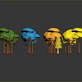 Colorful Low Poly Trees With Brown Trunks And Yellow Blue Green Orange Hues