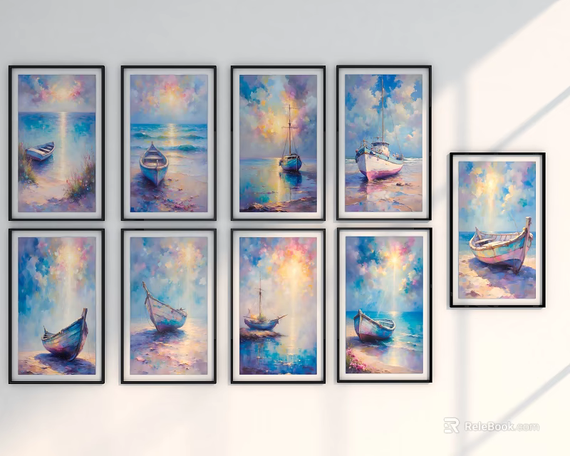 Vibrant Seascape Landscape Paintings With Boats Sunset Light And Black Frames Hanging On Wall 3d model 
